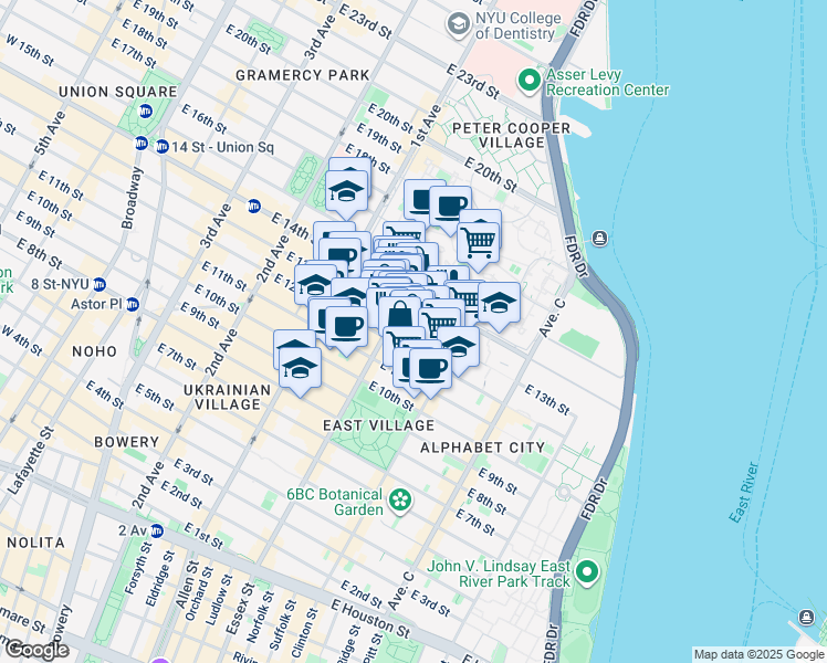 map of restaurants, bars, coffee shops, grocery stores, and more near 515 East 13th Street in New York