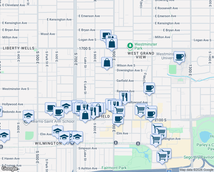 map of restaurants, bars, coffee shops, grocery stores, and more near 857 Westminster Avenue South in Salt Lake City