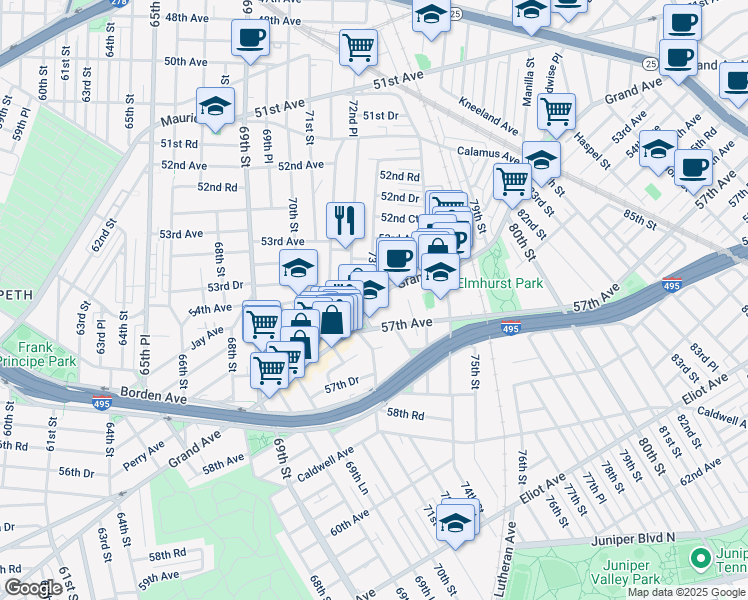 map of restaurants, bars, coffee shops, grocery stores, and more near 7343 Grand Avenue in Queens