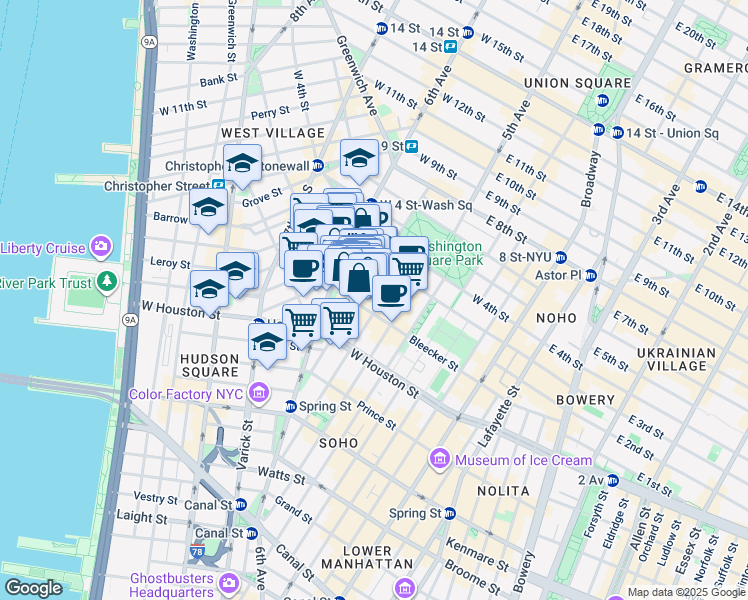 map of restaurants, bars, coffee shops, grocery stores, and more near 208 Sullivan Street in New York