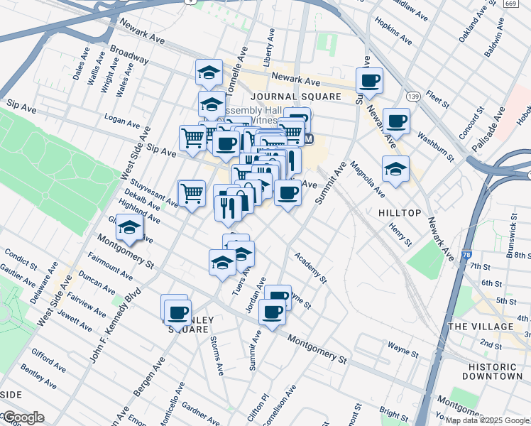 map of restaurants, bars, coffee shops, grocery stores, and more near 886 Bergen Avenue in Jersey City