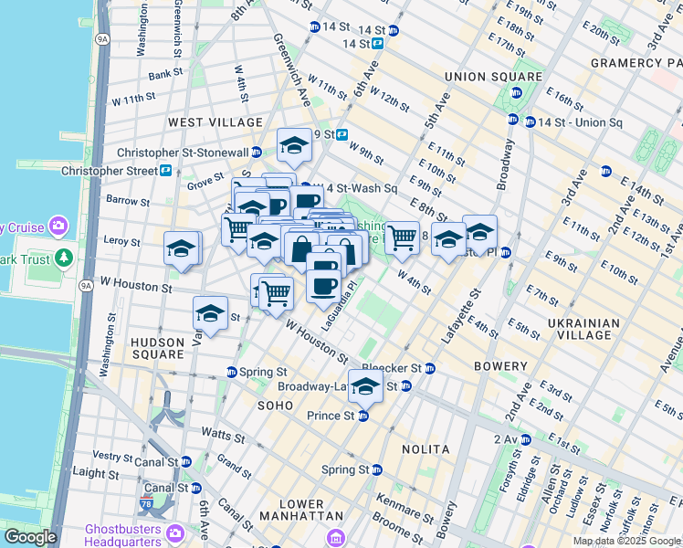 map of restaurants, bars, coffee shops, grocery stores, and more near 228 Thompson Street in New York