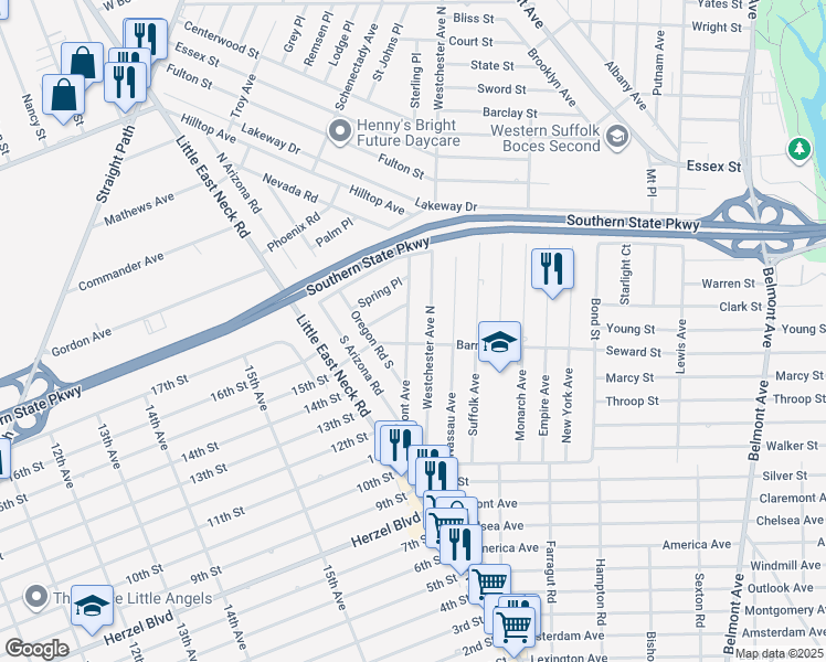 map of restaurants, bars, coffee shops, grocery stores, and more near 79 Vermont Avenue in West Babylon