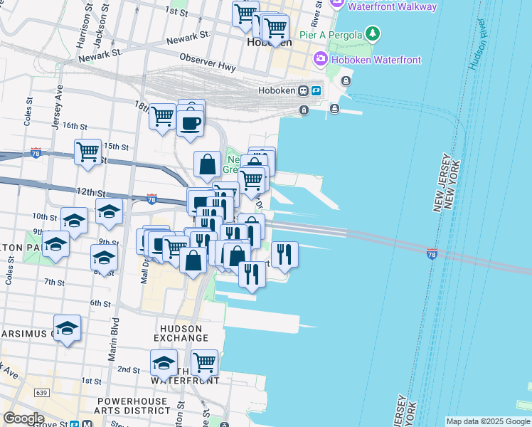 map of restaurants, bars, coffee shops, grocery stores, and more near 86 River Drive South in Jersey City