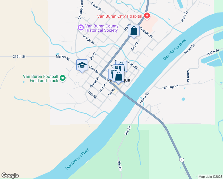 map of restaurants, bars, coffee shops, grocery stores, and more near 501-599 1st Street in Keosauqua