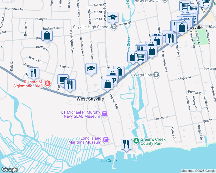 map of restaurants, bars, coffee shops, grocery stores, and more near 93 Main Street in Sayville