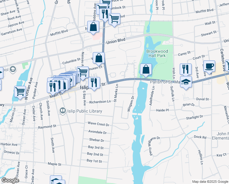 map of restaurants, bars, coffee shops, grocery stores, and more near 21 Saint Marks Lane in Islip