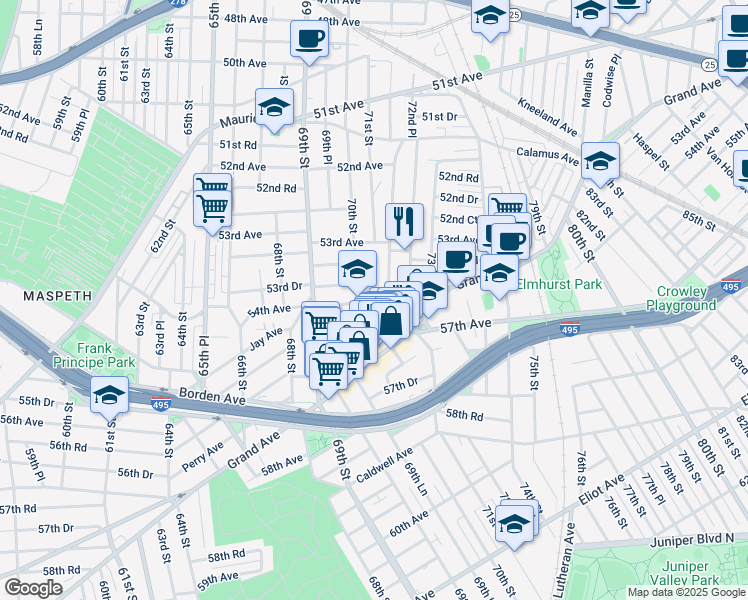 map of restaurants, bars, coffee shops, grocery stores, and more near 54-05 71st Street in Queens