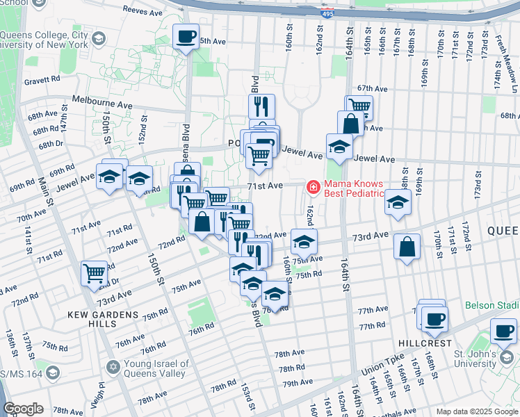map of restaurants, bars, coffee shops, grocery stores, and more near 7143 159th Street in Queens