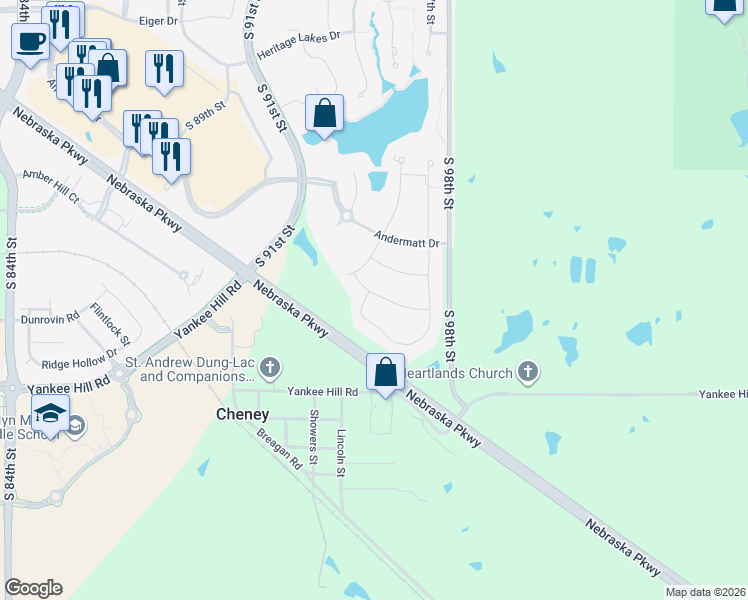 map of restaurants, bars, coffee shops, grocery stores, and more near 9605 Toma Road in Lincoln