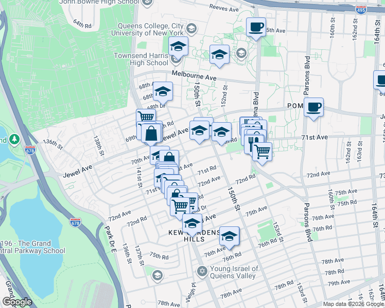 map of restaurants, bars, coffee shops, grocery stores, and more near 147-36 70th Road in Queens