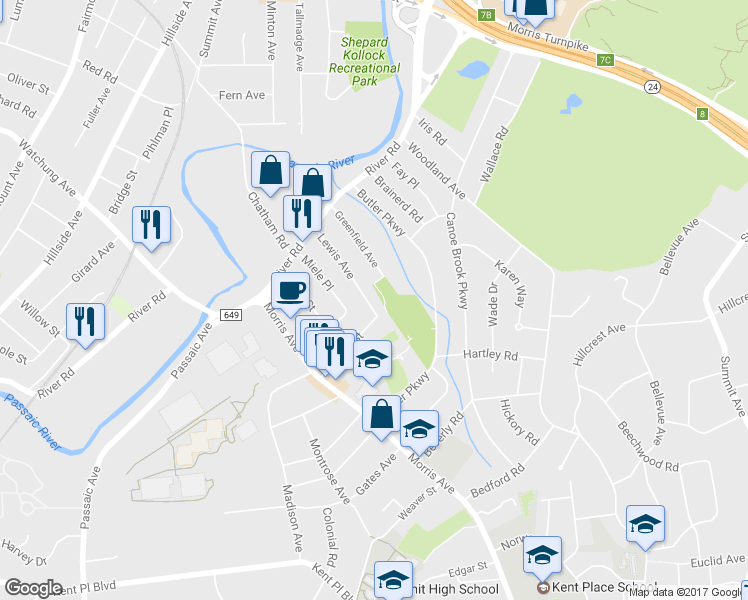 map of restaurants, bars, coffee shops, grocery stores, and more near 46 Lewis Avenue in Summit