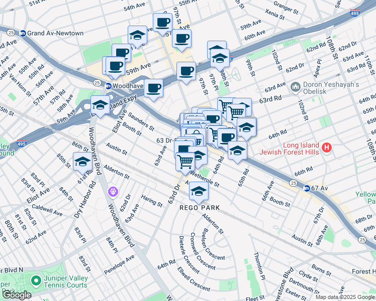 map of restaurants, bars, coffee shops, grocery stores, and more near 95-20 63rd Drive in Queens
