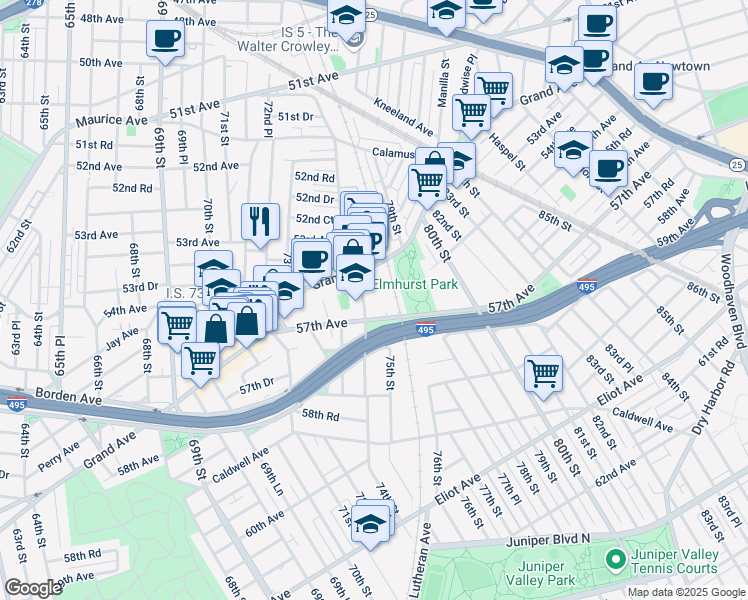 map of restaurants, bars, coffee shops, grocery stores, and more near 74-04 Grand Avenue in Queens