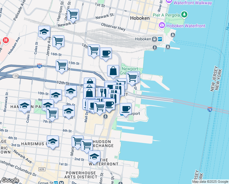 map of restaurants, bars, coffee shops, grocery stores, and more near Washington Blvd & Newport Pkwy in Jersey City