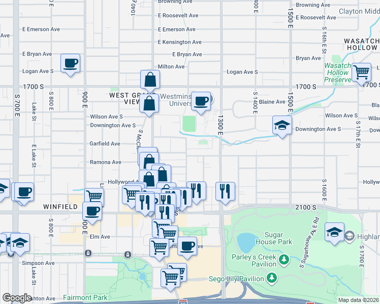 map of restaurants, bars, coffee shops, grocery stores, and more near 1879 South 1200 East in Salt Lake City