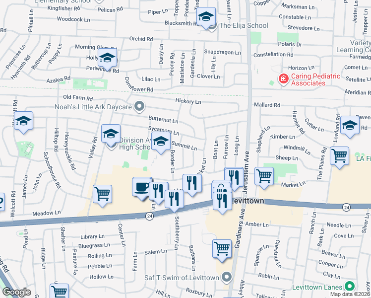 map of restaurants, bars, coffee shops, grocery stores, and more near 1 Fence Lane in Levittown