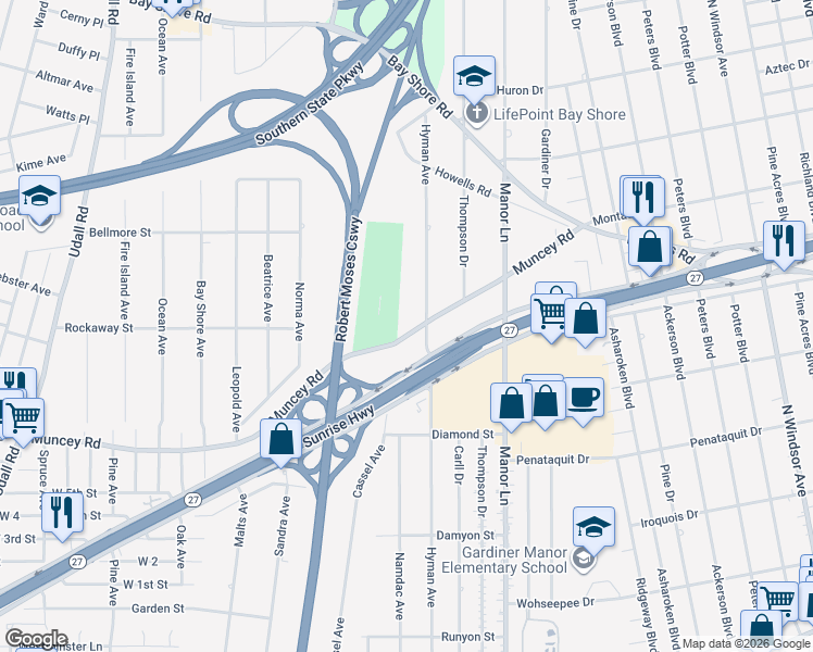 map of restaurants, bars, coffee shops, grocery stores, and more near 59 Muncey Road in Bay Shore