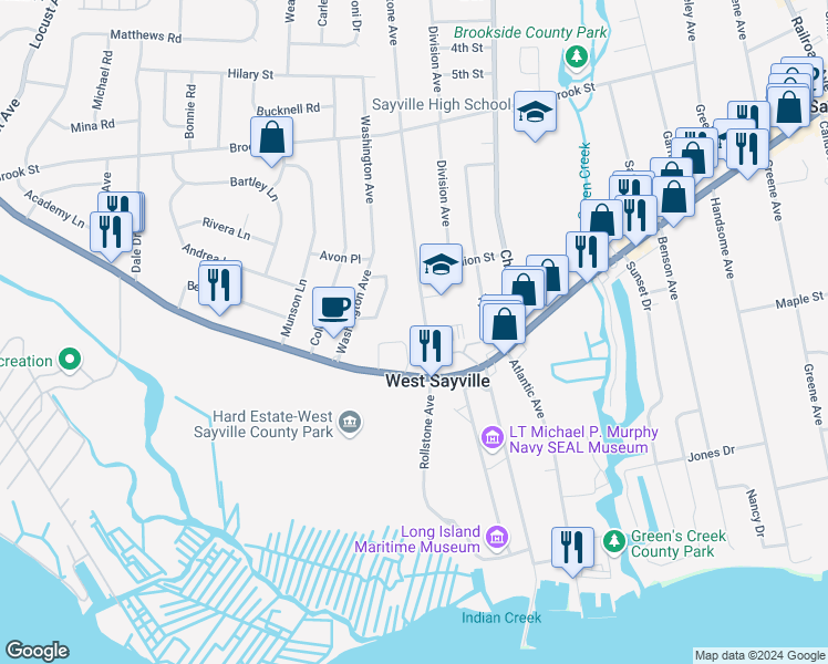 map of restaurants, bars, coffee shops, grocery stores, and more near 33 Rollstone Avenue in West Sayville
