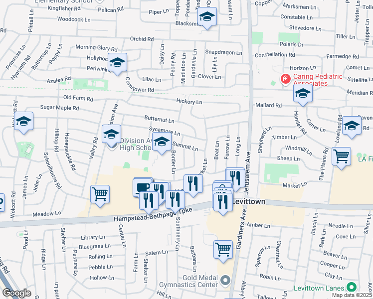 map of restaurants, bars, coffee shops, grocery stores, and more near 23 Summit Lane in Levittown