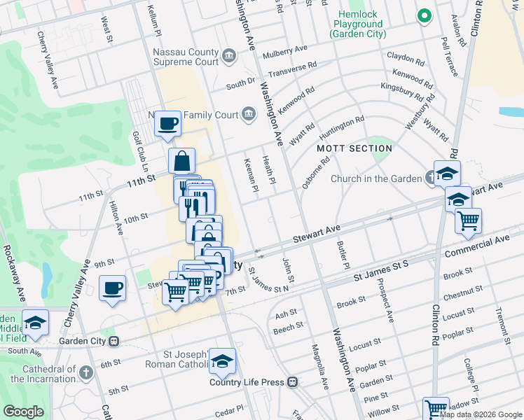 map of restaurants, bars, coffee shops, grocery stores, and more near 2 Warton Place in Garden City