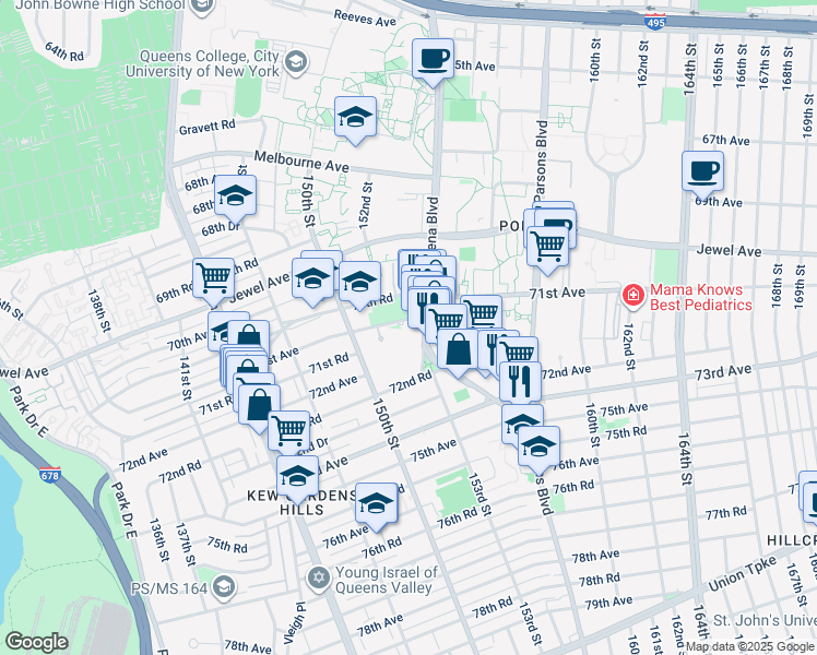 map of restaurants, bars, coffee shops, grocery stores, and more near 150-40 71st Avenue in Queens