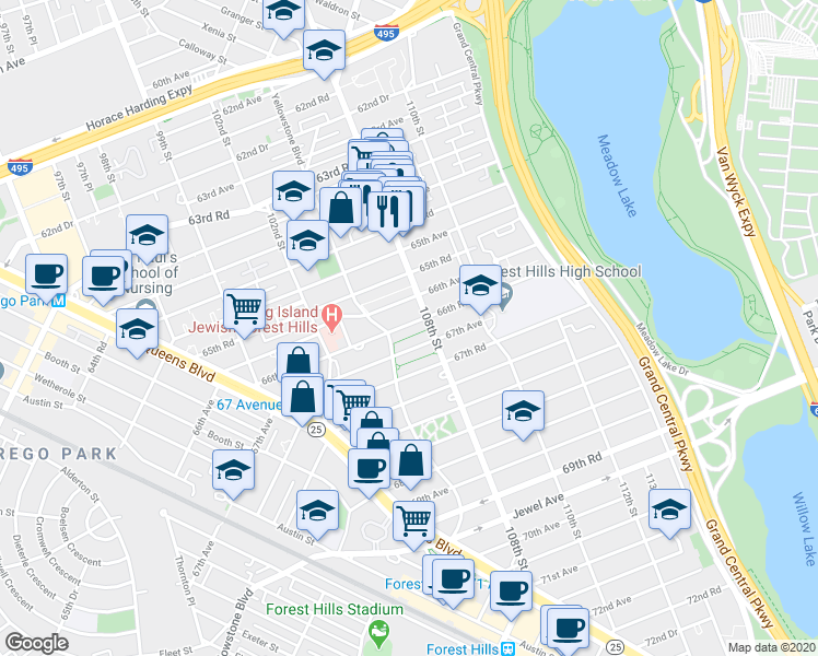 map of restaurants, bars, coffee shops, grocery stores, and more near in Queens