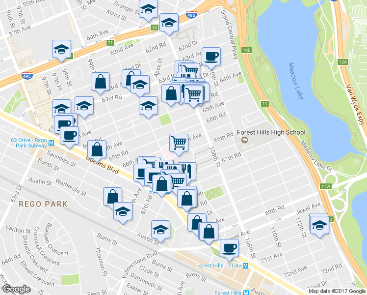 map of restaurants, bars, coffee shops, grocery stores, and more near 66-1-66-25 Yellowstone Boulevard in Queens