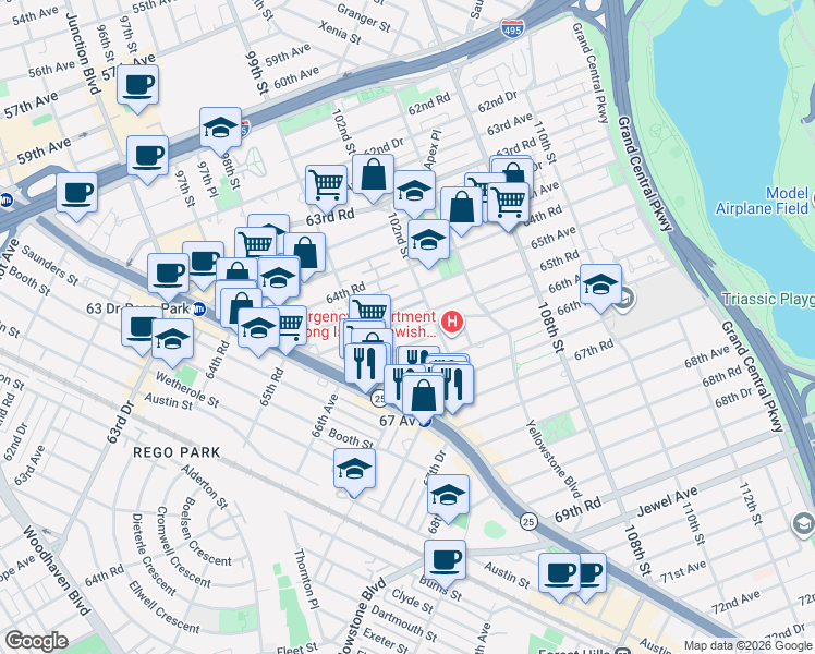 map of restaurants, bars, coffee shops, grocery stores, and more near 99-35 65th Road in Queens