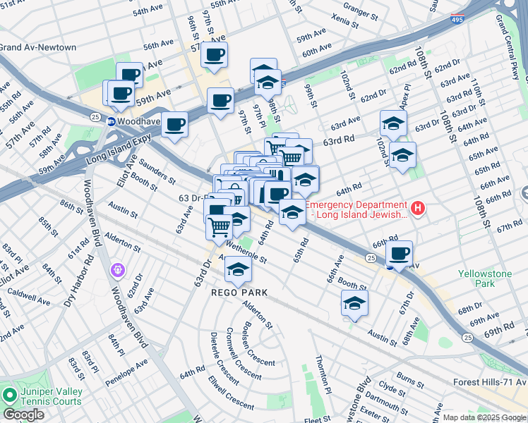 map of restaurants, bars, coffee shops, grocery stores, and more near 9632 Queens Boulevard in Queens