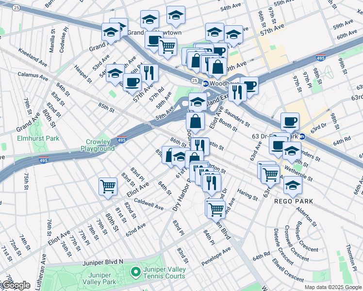 map of restaurants, bars, coffee shops, grocery stores, and more near in Queens
