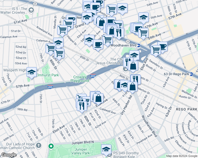 map of restaurants, bars, coffee shops, grocery stores, and more near 58-20 84th Place in Queens