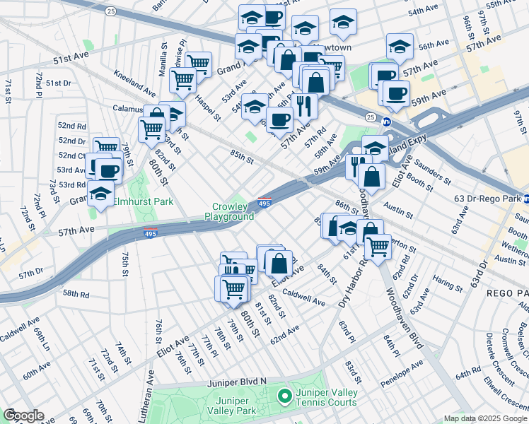 map of restaurants, bars, coffee shops, grocery stores, and more near 8384 58th Avenue in Queens