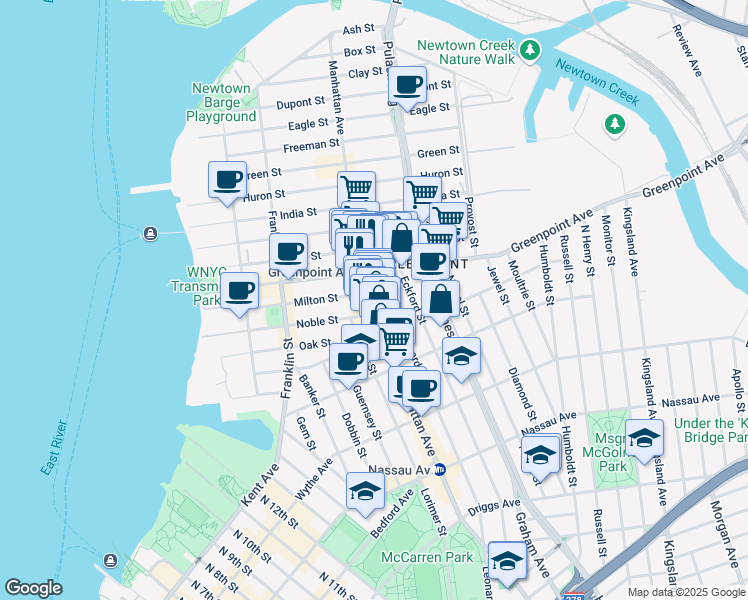 map of restaurants, bars, coffee shops, grocery stores, and more near 730 Leonard Street in Brooklyn