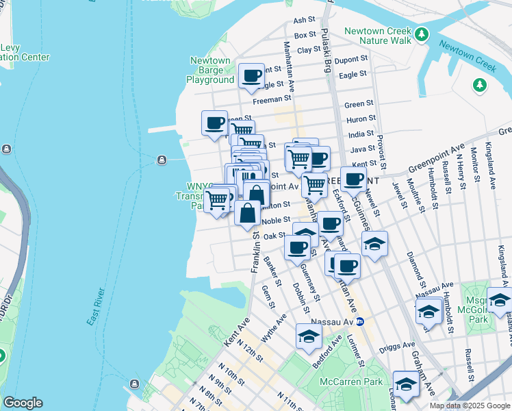 map of restaurants, bars, coffee shops, grocery stores, and more near 134 Franklin Street in Brooklyn