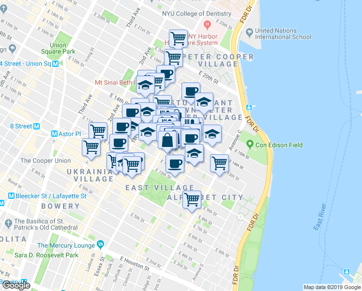 map of restaurants, bars, coffee shops, grocery stores, and more near 515 East 13th Street in New York