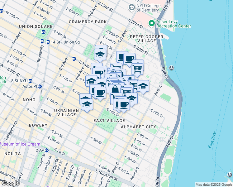map of restaurants, bars, coffee shops, grocery stores, and more near 515 East 13th Street in New York
