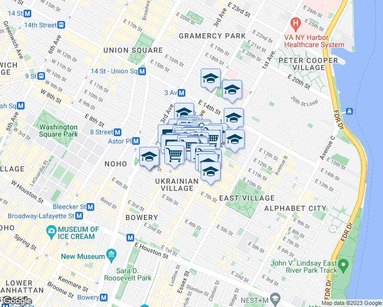 map of restaurants, bars, coffee shops, grocery stores, and more near 213 East 10th Street in New York