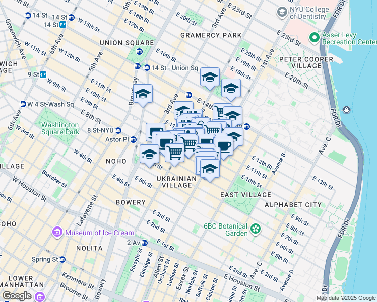 map of restaurants, bars, coffee shops, grocery stores, and more near 213 East 10th Street in New York