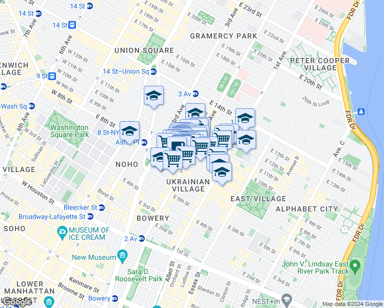 map of restaurants, bars, coffee shops, grocery stores, and more near 149 2nd Avenue in New York
