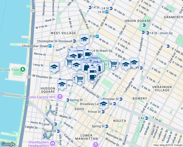 map of restaurants, bars, coffee shops, grocery stores, and more near 165 Bleecker Street in New York