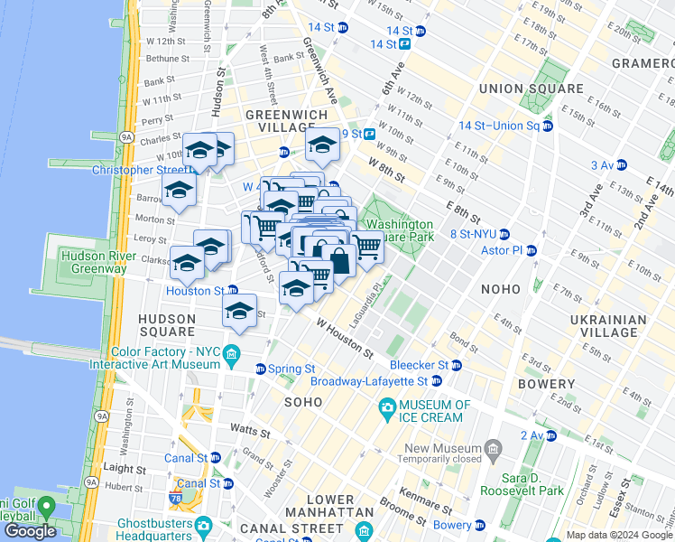 map of restaurants, bars, coffee shops, grocery stores, and more near 190 Bleecker Street in New York