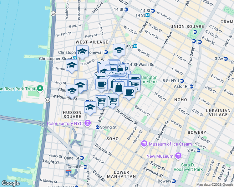 map of restaurants, bars, coffee shops, grocery stores, and more near 190 Bleecker Street in New York
