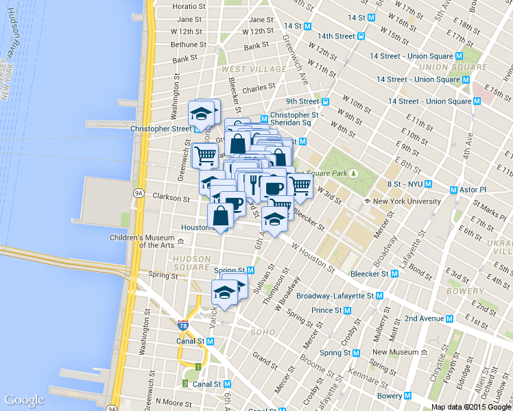 map of restaurants, bars, coffee shops, grocery stores, and more near in New York