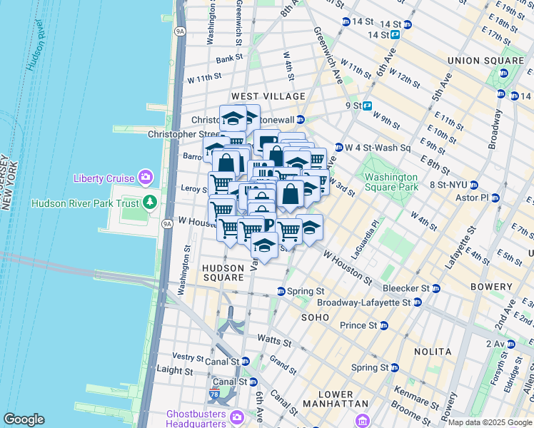 map of restaurants, bars, coffee shops, grocery stores, and more near 2 7th Avenue South in New York