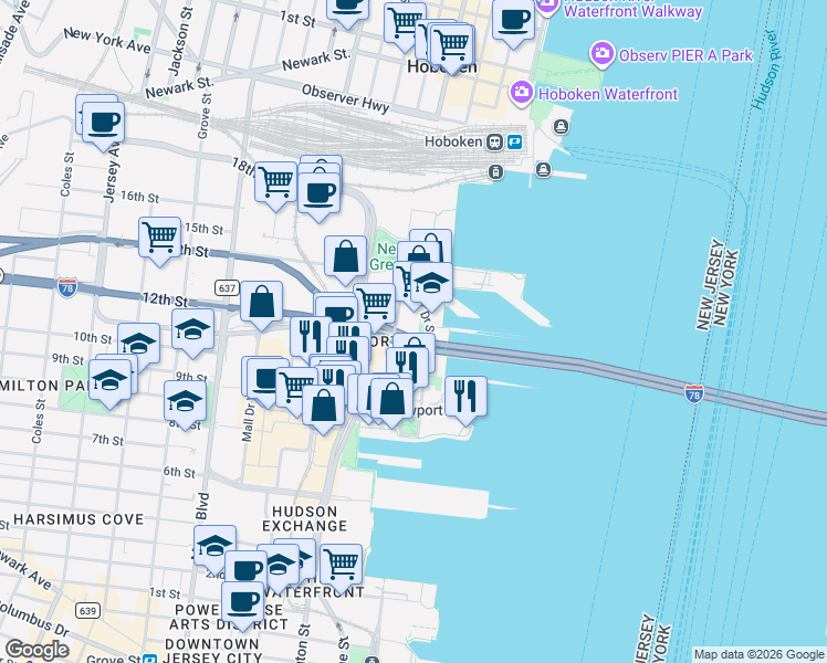 map of restaurants, bars, coffee shops, grocery stores, and more near in Jersey City