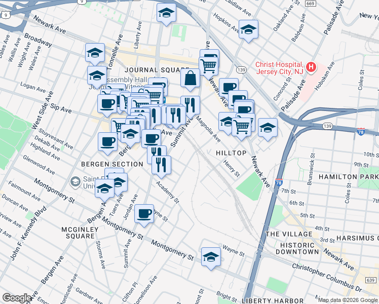 map of restaurants, bars, coffee shops, grocery stores, and more near 19 Perrine Avenue in Jersey City