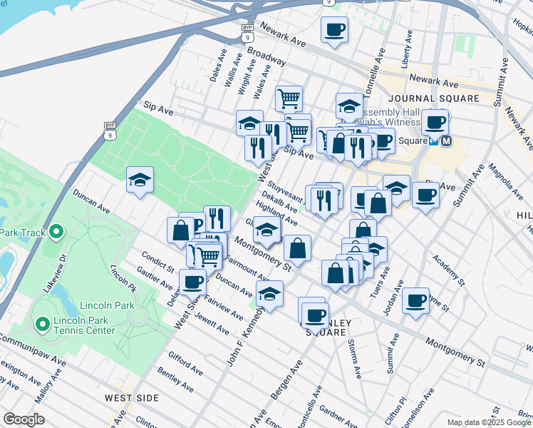 map of restaurants, bars, coffee shops, grocery stores, and more near 142 Highland Avenue in Jersey City
