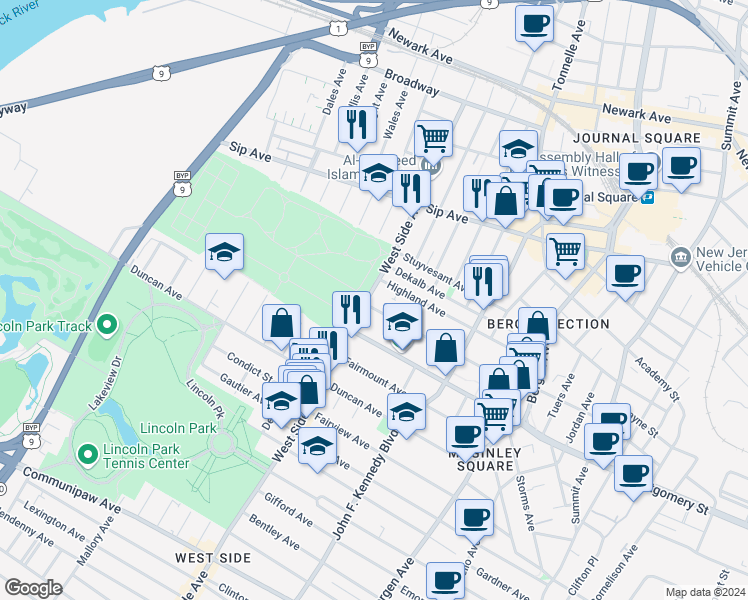 map of restaurants, bars, coffee shops, grocery stores, and more near 854 County Road 641 in Jersey City
