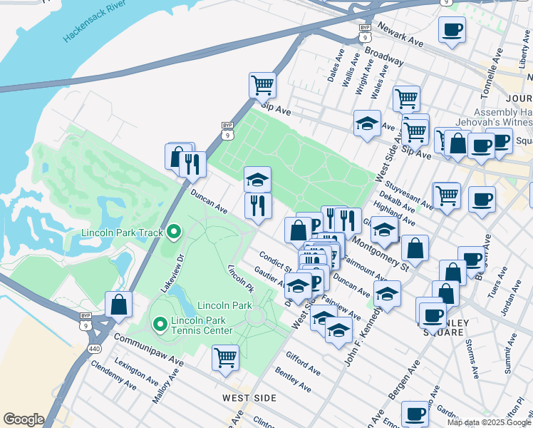 map of restaurants, bars, coffee shops, grocery stores, and more near 451 Mallory Avenue in Jersey City
